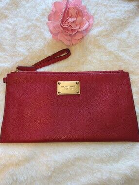 Michael Kors Red Pebbled Leather Large Wristlet Clutch w Card Slots Gold Plate